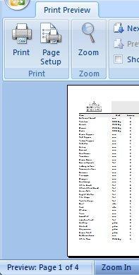 Note the worksheet requires four pages to print. Click Close in Print Preview.