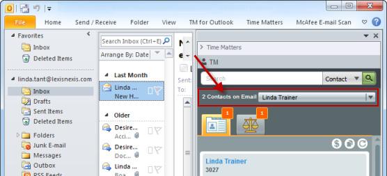 appointment. The Time Matters pane displays the number of Outlook Contacts related to the selected item.