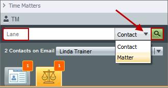 Search for Time Matters Contacts and Matters Use the Search feature to locate other contacts or matters in Time Matters, unrelated to the selected Outlook email or appointment.