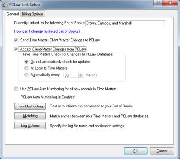 7. Select the PCLaw Link Setup options to use from the General tab.