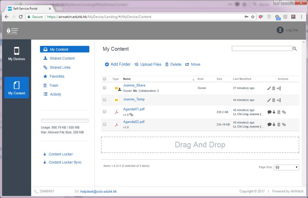 Navigate Files within AirWatch 1. From the left panel, click My Content My Content to browse the files. 2. To download a file, click the icon on the right hand side of the file.