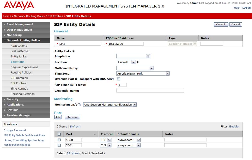 The following screen shows addition of Avaya Aura Session Manager.