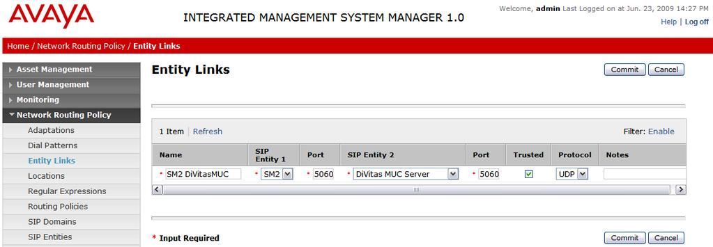 5.5. Add Entity Links SIP trunks from Avaya Aura Session Manager to Avaya Aura Communication Manager and DiVitas Mobile UC Server are described by Entity links.