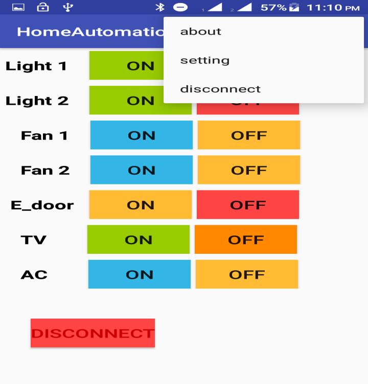 4(b). Fig. 4: (a) GUI activity for Bluetooth operation. (b) Connection establishment with receiver device. Fig. 5: (a) GUI for controlling the home appliances (b) GUI with menu bar for controlling the home appliances.
