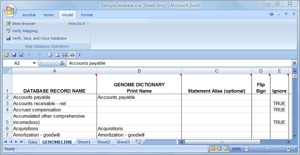 Map Database Using GenomeLink The Map Database operation (GenomeLink) allows you to define how the database record names in your Excel workbook data file correspond to the terms in the Financial