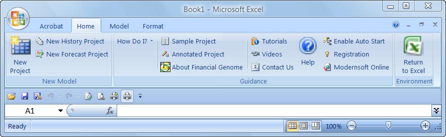Click on the >Financial Genome icon to enter the FG project environment. Click on {Home}>New History Project tool button.