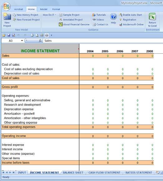 Balance Sheet, Cash Flow Statement and Ratio Statement for a history project (e.g., annual periods from 2004-2008).