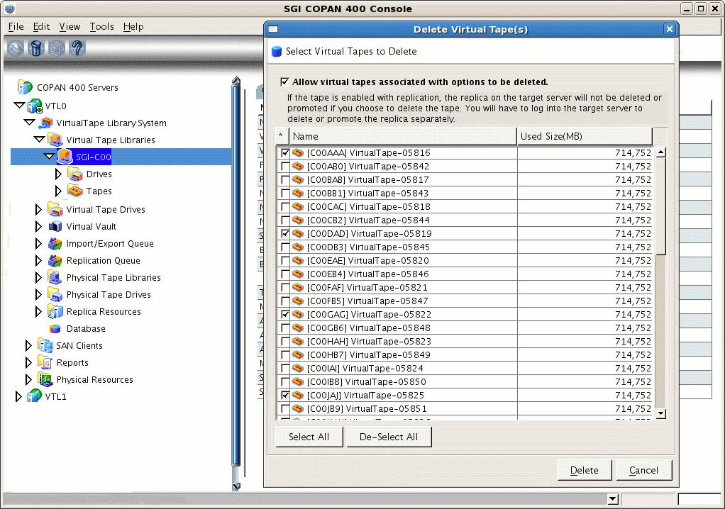 3: Create and Configure Each Virtual Library Figure 3-13 Delete Selected Migration Tapes to Free Space Needed for Dumps In the WARNING dialog, type YES to confirm