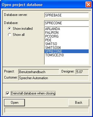 page 57 / 61 4.3 Login to / open project database A project database can be opened via the main menu SPRECON-E, submenu Open project database. Fig. 46 - Installing and opening the database 4.3.1 Installed and deinstalled databases Databases can be installed or deinstalled on the server.
