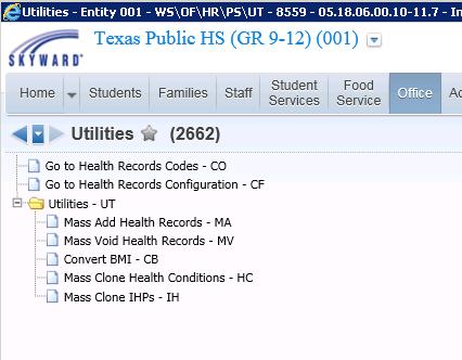 Health Utilities WS\OF\HR\PS\UT Mass Add = mass adds various health records, including screenings; recommended for Nurse Admin & Nurses Mass Void mass