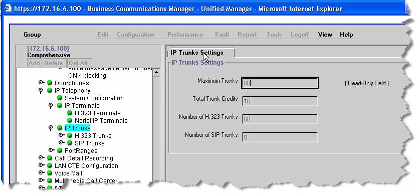 Check under Services ->IP Telephony ->IP Trunks to see if Trunks have been allocated (See Figure 7 below). You should have a number of H.323 trunks and a number of Trunk credits.