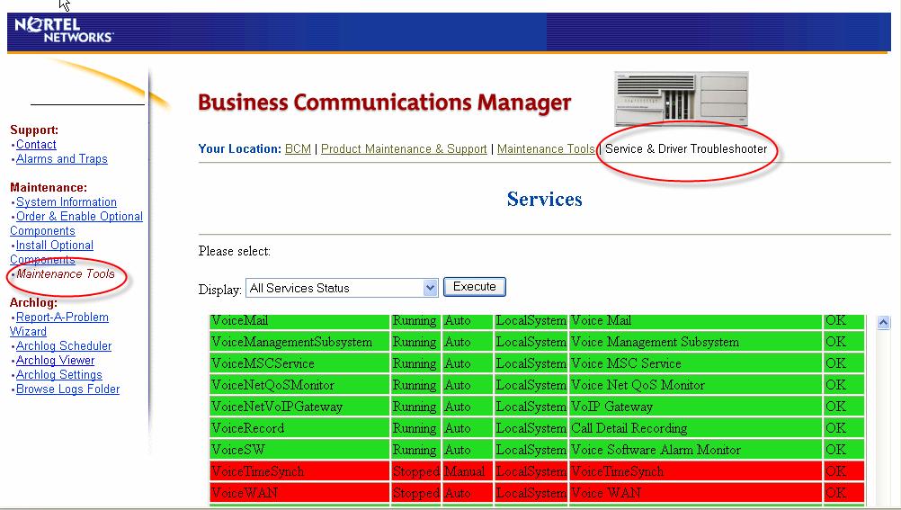 5.3 Current System Monitor Report A complete system status report can be generated for viewing. From the main BCM browser page; under the Services page select Maintenance Tools.