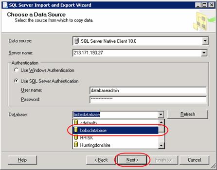Step 5 Select SQL Server Native Client 10.0 from the list, and enter the database server and connection details required to connect to the source database.