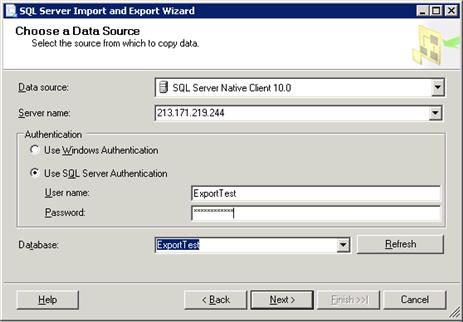 Step 5 In the form provided, enter the following details: Data source: Select SQL Server Native Client 10.0 from the drop down menu. Server Name: Enter the IP address of your database server.