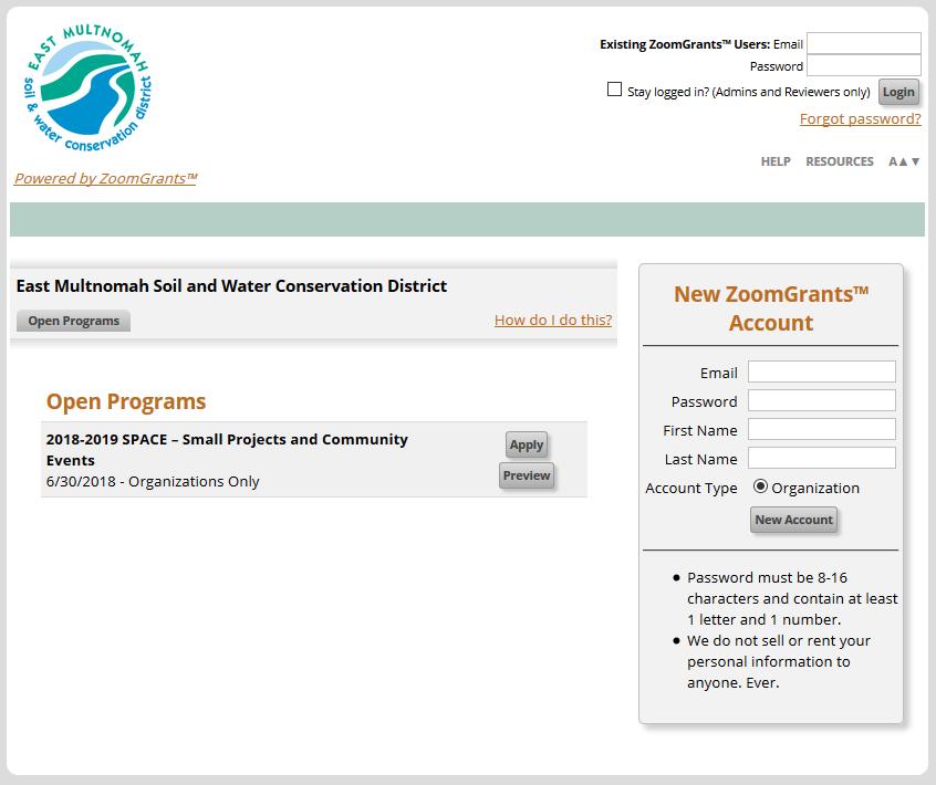 ZOOMGRANTS TUTORIAL Applying for EMSWCD Small Project and Community Events (SPACE) Grants Instructions for ZoomGrants ZoomGrants is an online tool that helps facilitate grant applications, committee