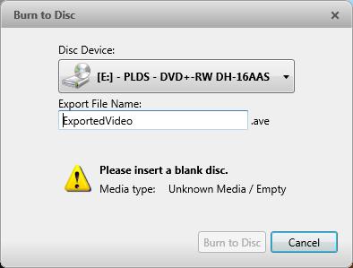Exprt a. When the dialg bx appears, insert a disc and select the media burning drive. b. Name the exprt file.