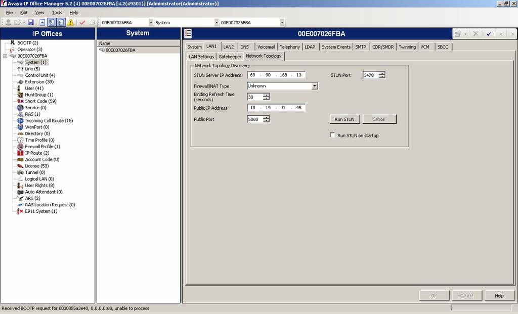 6. Configure SIP OPTIONS timer on Network Topology Tab for keep alive function with Sotel IP Services. Select System in the left panel. In the LAN1 tab, select the Network Topology tab.