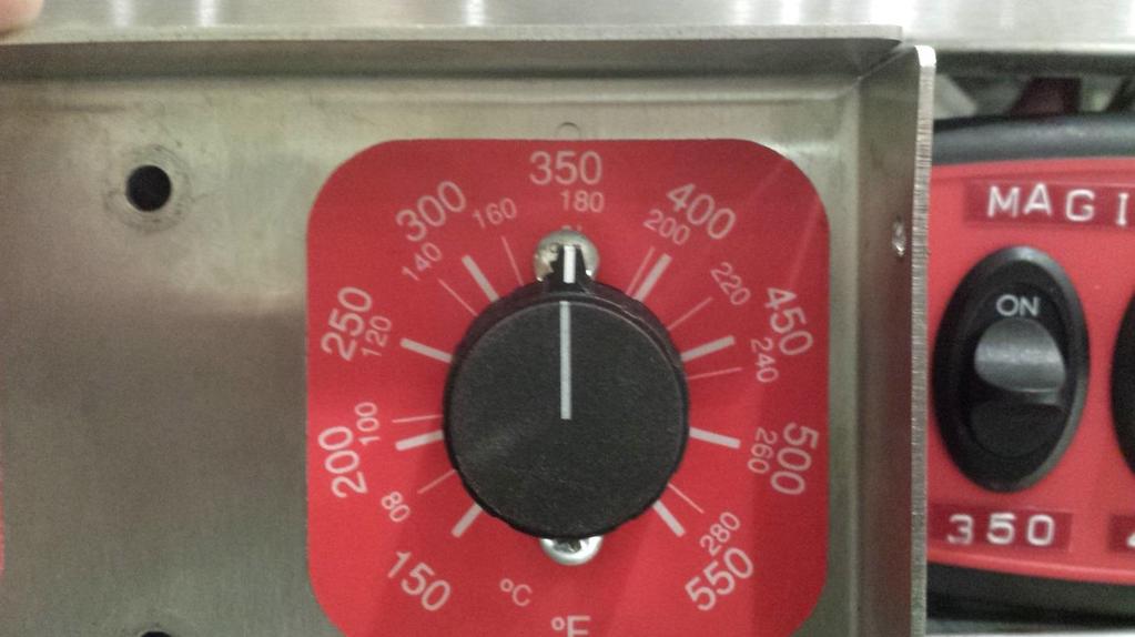 When the control knob is on the left side of the line, as shown above, the unit should be off, indicating that the unit is at the indicated temperature already.