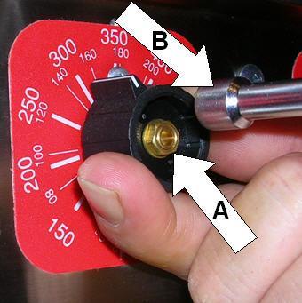 To calibrate the Knob, grab the knob firmly with one hand, using a 5/16" nutdriver or socket (B), loosen the ferrule nut (A) on the control shaft.