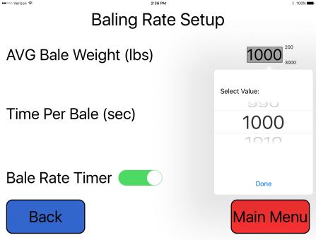 Baling Rate Settings Round Balers ipad Operation 2 1 4 3 5 1. On the setup mode screen press the BALING RATE key. 2. Press the grey number value to the right of AVG Bale Weight (Lbs).