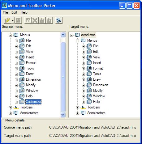 Menu and Toolbar Porter ACAD 2004 to ACAD 2005 One way to insure clean migration of your menu files is to keep your customization in a partial menu file.