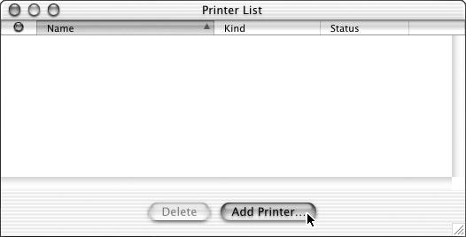 Click the "Add" button. Click [Add Printer...]. Select [AppleTalk] in the menu at the top of the window. A list of printers connected to the network will appear.