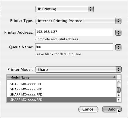 If you wish to use the IPP function, follow these steps to select the PPD file when configuring the printer driver (step 14 on page 31). v10.4-10.4.8 v10.1.5, v10.2.8, v10.3.9 (1) (1) (2) (2) (3) (1) Click the [IP Printer] icon.