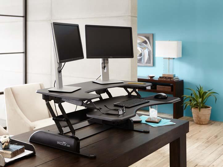 24 screens or 1 x screen and 1x laptop/docking station. It features an elevated keyboard tray for improved ergonomics. Product dimension (flat): 10.7cm (h) x 91.4cm (w) x 67.