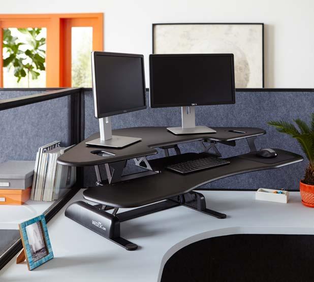 1 cm depth, which means it fits comfortably into most standard cubicle corners and maximises usable space, while still offering complete stability in either the standing or sitting position.