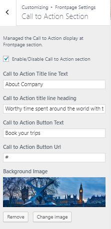 9.4.5 Call to Action Section To Setting Frontpage Call to Action Section of theme.