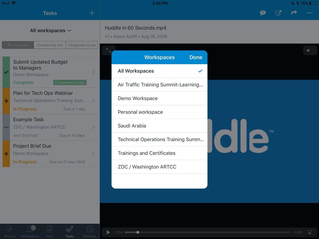 appear. Tasks When travelling you may need to quickly add, update or view tasks in Huddle.