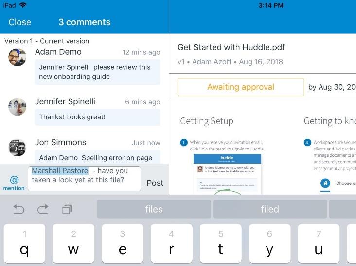 The other file actions that you can achieve with the ipad app include: Preview the file View comments Add a comment and @mention a workspace member or team in the comment View who has been assigned