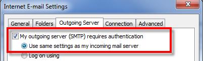 7. Click on Outgoing Server and select My outgoing server (SMTP) requires authentication and Use same