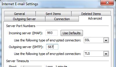 For Incoming server, you must select SSL first and then change the port to 993 if it hasn t changed