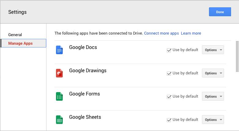 Managing Apps Opening this set of options will display a list of all the apps associated with your Google Drive account.