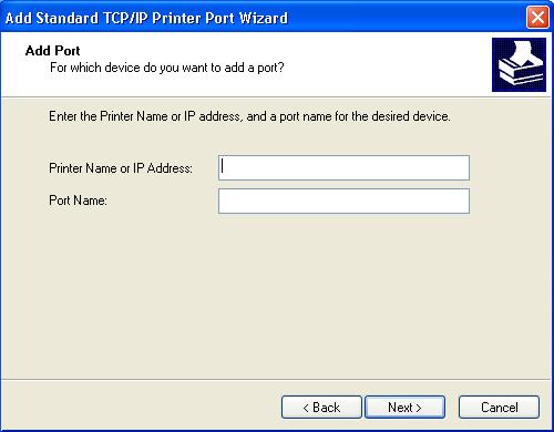 5 Select Create a new port, choose Standard TCP/IP Port, and then click Next. The Add Standard TCP/IP Printer Port Wizard dialog box appears.