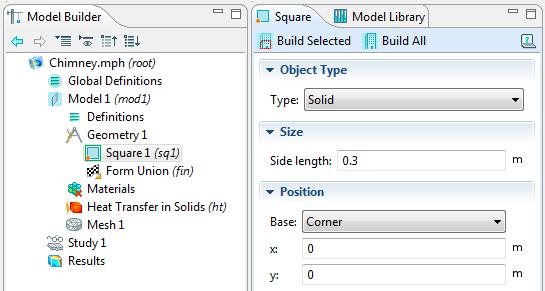1. Start COMSOL. Select 2D and click the Next arrow. Select Heat Transfer in Solids and click the Next arrow. Select Stationary and click the Finish button. 2. In the Model Builder (MB) tab right click Geometry 1 and select Square.