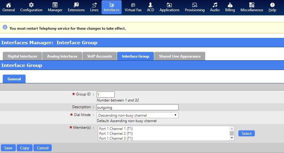 Interface Groups Once your PSTN hardware is detected and the required services are running you can set up Interface Groups.
