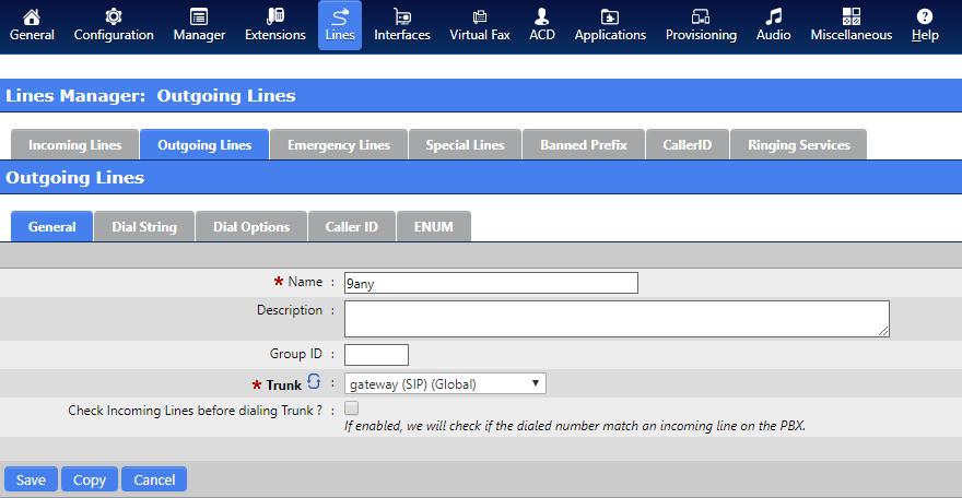 Outgoing Lines General Outgoing Lines use dial patterns to select from ScopTEL Interfaces to place outgoing calls. Recommended interfaces are DAHDI, SIP.