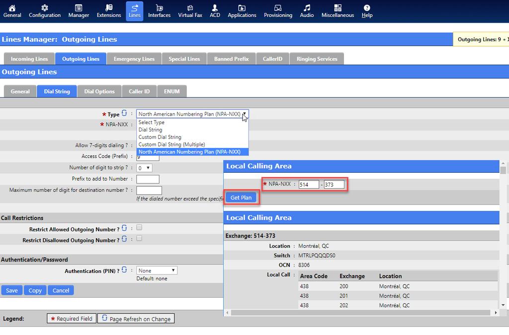Outgoing Lines NPA-NXX One of the most powerful and unique features in the ScopTEL IP PBX is the ability to download the entire NPA-NXX dial plan for any supported Area Code and Prefix.