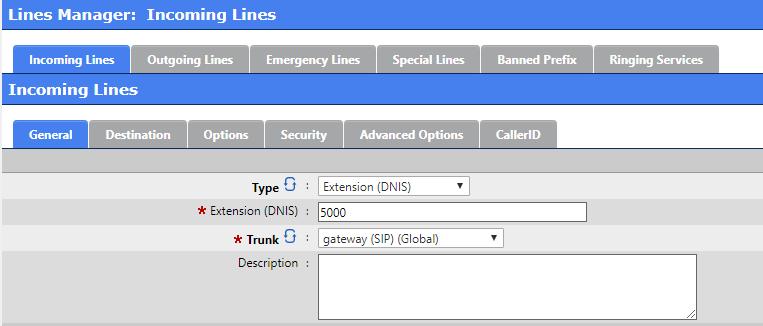 Incoming Lines General This is an example of SIP trunk DNIS configuration The Extension (DNIS) field is configured to match 5000 patterns are also supported like: 5XXX There is fixed length