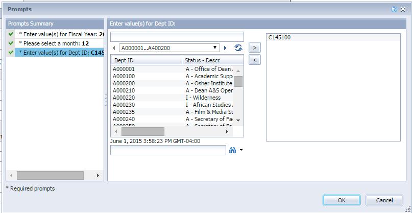 When done selecting values for FY, month and Deptid, click OK. Note that the Deptid window shows Active (A) and Inactive (I), plus manager name.