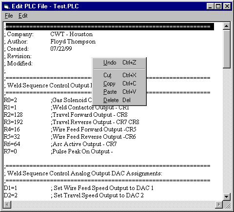10.0 PLC EDITOR DIALOG The PLC Editor is used to edit existing PLC Program files or to generate new PLC files.