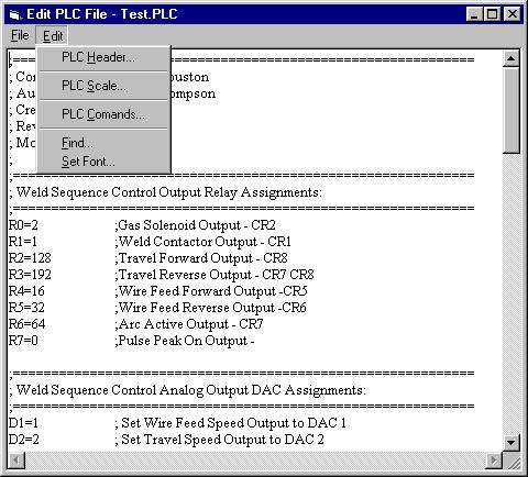 12.0 PLC EDITOR EDIT PULL-DOWN MENU The following items are available in the Edit Pull Down Menu: Figure 8 - PLC Editor Edit Pull-Down Menu PLC Header PLC Scale PLC Commands Find Set Font Invokes the