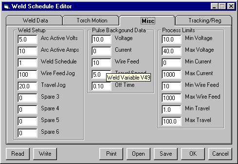 The Torch Motion Tab display s the Vertical and Horizontal axis drive parameters. Figure 14 Weld Schedule Editor Misc Tab The Misc.