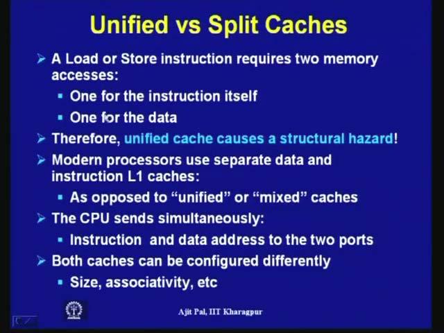 (Refer Slide Time: 56:39) So, a load or store instruction requires to memory accesses one for instruction and one for data, therefore unified cache causes a structural hazard as I have already
