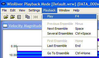 If any of the transects are outside of the tolerance, additional transects should be measured. Start WinRiver in the Playback mode. If you are in the Acquire mode, click File, Playback Mode.