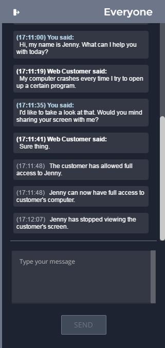 Chat with the Remote User from the Web Rep Console Throughout the support session, you can chat with your remote customer. You do not need to have screen sharing permissions before beginning chat.