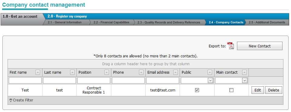 contact the company, and if the contact is marked as public, it will also be available to other companies in the request for partnership menu. Figure 2-23 Company Contacts 2.3.4.