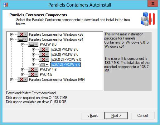Preparing for Parallels Containers for Windows 6.0 Installation In this window, choose the Parallels Containers for Windows components to be downloaded to/installed on your server.